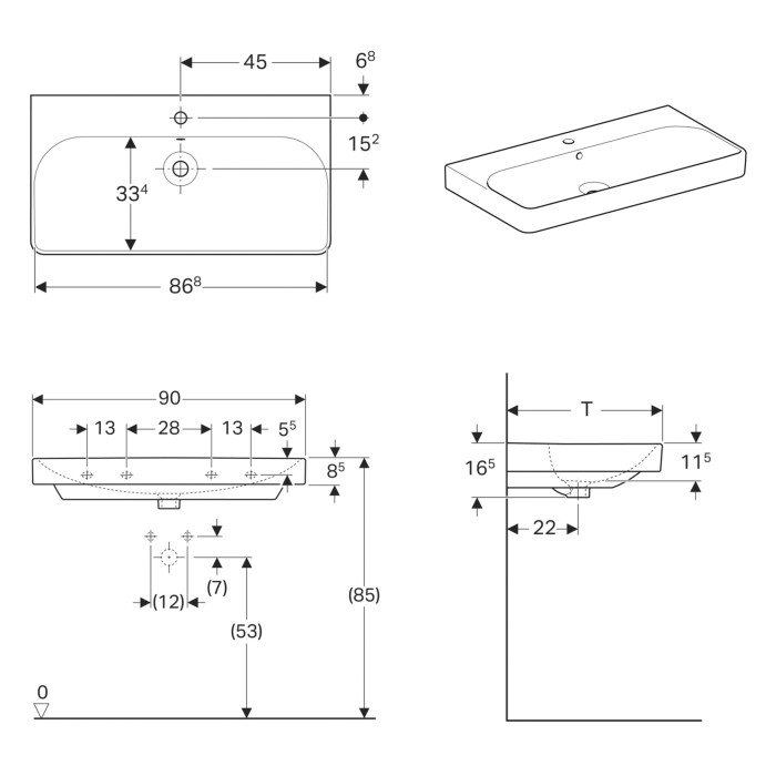 SMYLE SQUARE умивальник 90*48см, з отвором під змішувач у центрі, перелив видимий