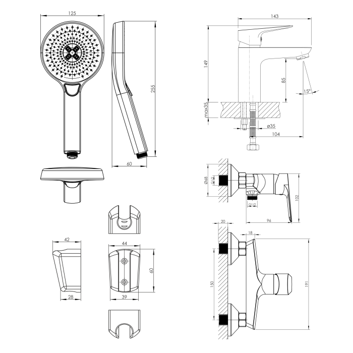 KIT 20081 набір змішувачів (3 в 1), змішувач для умивальника, змішувач для душу, душовий гарнітур із тримачем
