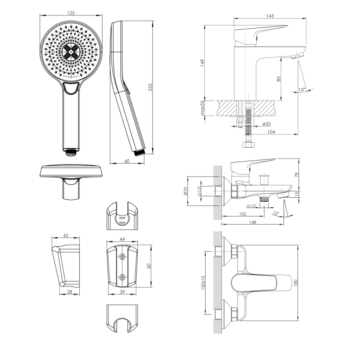 KIT 20082 набір змішувачів (3 в 1), змішувач для умивальника, змішувач для ванни, душовий гарнітур із тримачем