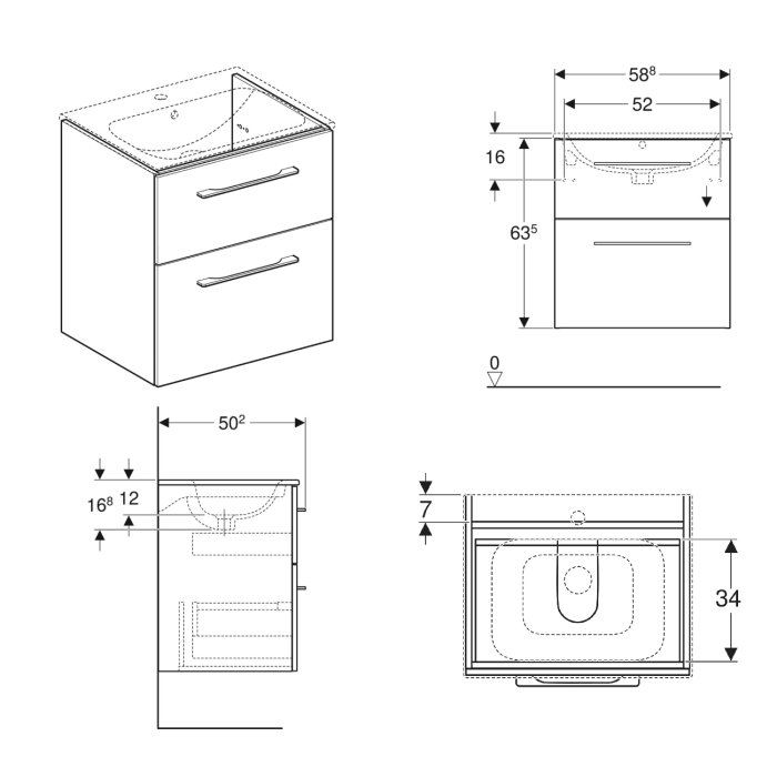 SELNOVA SQUARE шафка для вбудованого умивальника slim rim  60см, з двома шухлядами 58,8*63,5*50,2 см, білий
