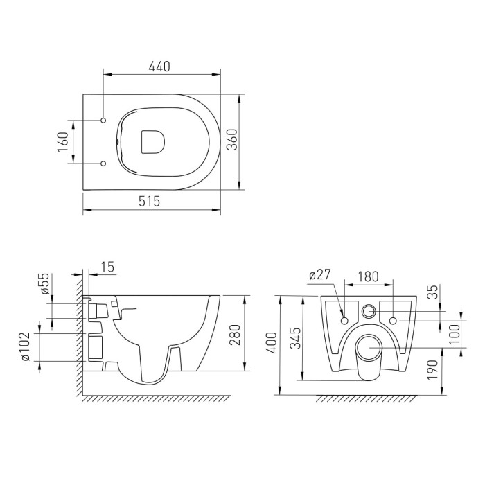 CANTE Rimless унітаз підвісний 51*35,5*33 см, сидіння Duroplast Slim slow-closing, de la antracita