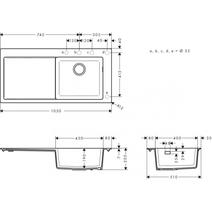 S514-F450 Мийка для кухнi, вбуд. 450, з крилом, чорний графiт