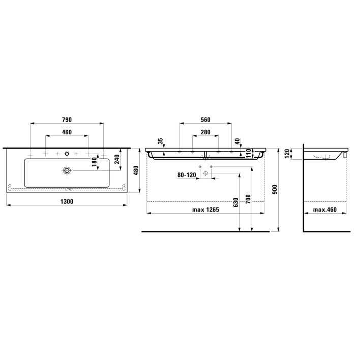 LIVING SQUARE раковина 130*48см, з 1-м отв. пiд змiшувач посерединi, з отв. переливу