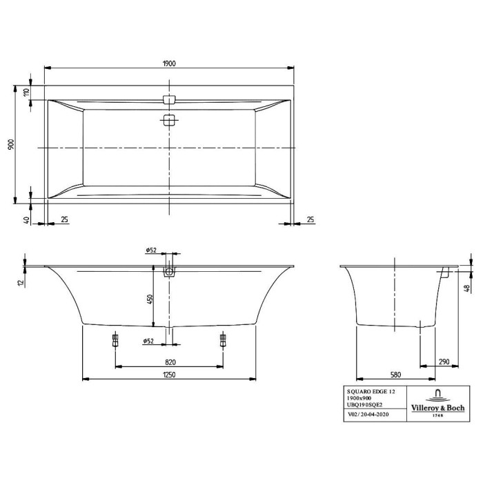 Squaro Edge 12 ванна 190*90см, з нiжками, з комплектом злив/перелив white (alpin)
