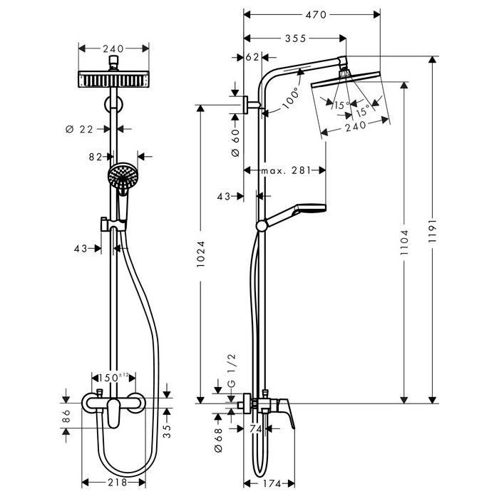 Crometta E 240 1jet Showerpipe Душова система з одноважiльнийним змішувачем, хром