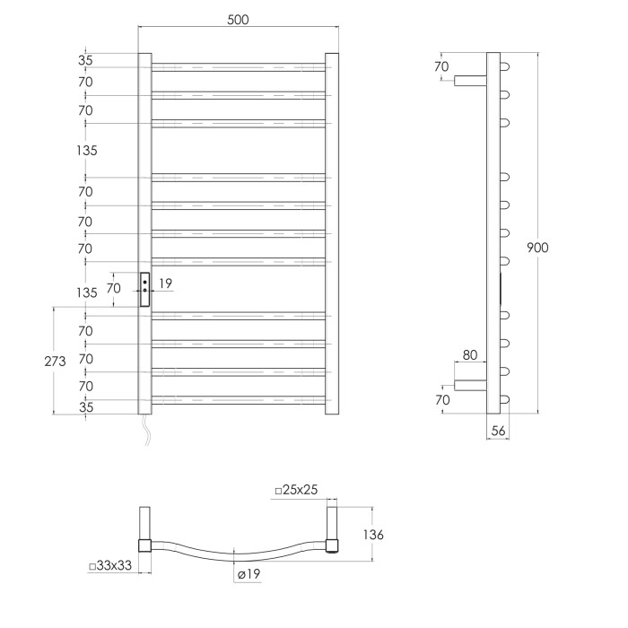 i-HEAT рушникосушарка електро, 120W, 500 * 900мм, AISI 304, 11п. (4-4-3) коло, стійки квадрат, таймер, терморегулятор, білий глянець, лівий
