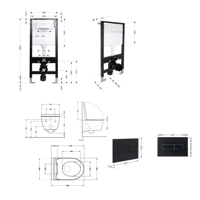 Готове рішення Qtap для ванної кімнати: підвісний унітаз Jay Ultra Quiet 485x360x320 + комплект інсталяції Standard (лінійна клавіша Black)