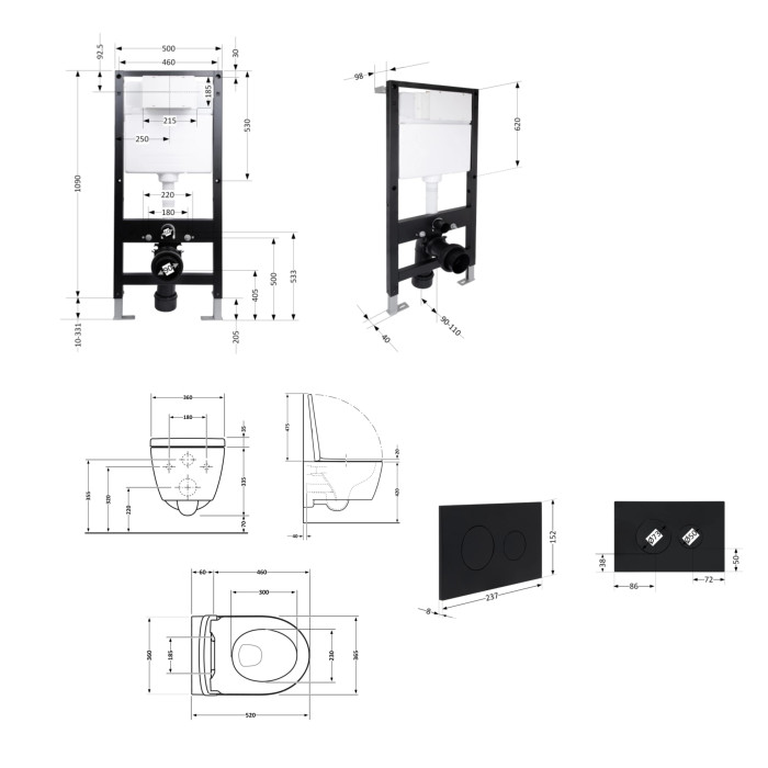 Готове рішення Qtap для ванної кімнати: підвісний унітаз Jay Rimless 520x360x320 + комплект інсталяції Standard (кругла клавіша Black)