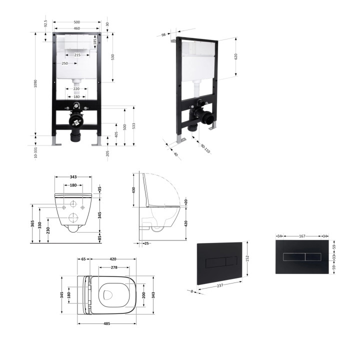 Готове рішення Qtap для ванної кімнати: підвісний унітаз Gemini Ultra Quiet 485x340x350 + комплект інсталяції Standard (лінійна клавіша Black)