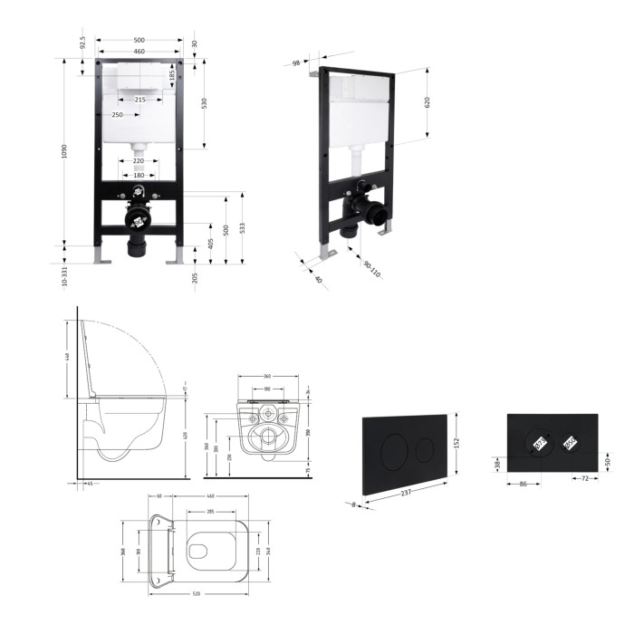 Готове рішення Qtap для ванної кімнати: підвісний унітаз Gemini Ultra Quiet 520x360x350 + комплект інсталяції Standard (кругла клавіша Black)