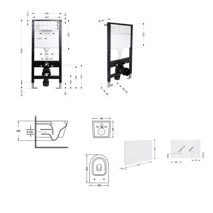 Готове рішення Qtap для ванної кімнати: підвісний унітаз Swan Ultra Quiet 520x360x320 + комплект інсталяції Standard (кругла клавіша White)