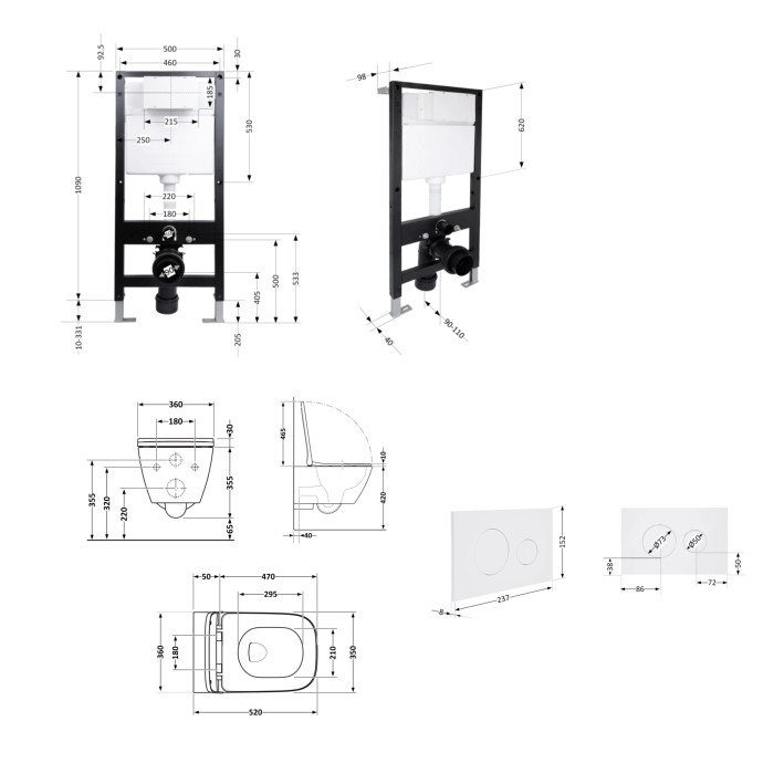 Готове рішення Qtap для ванної кімнати: підвісний унітаз Crow Rimless 520x360x290 + комплект інсталяції Standard (кругла клавіша White)
