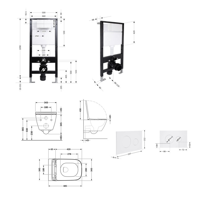 Готове рішення Qtap для ванної кімнати: підвісний унітаз Gemini Ultra Quiet 485x340x350 + комплект інсталяції Standard (кругла клавіша White)
