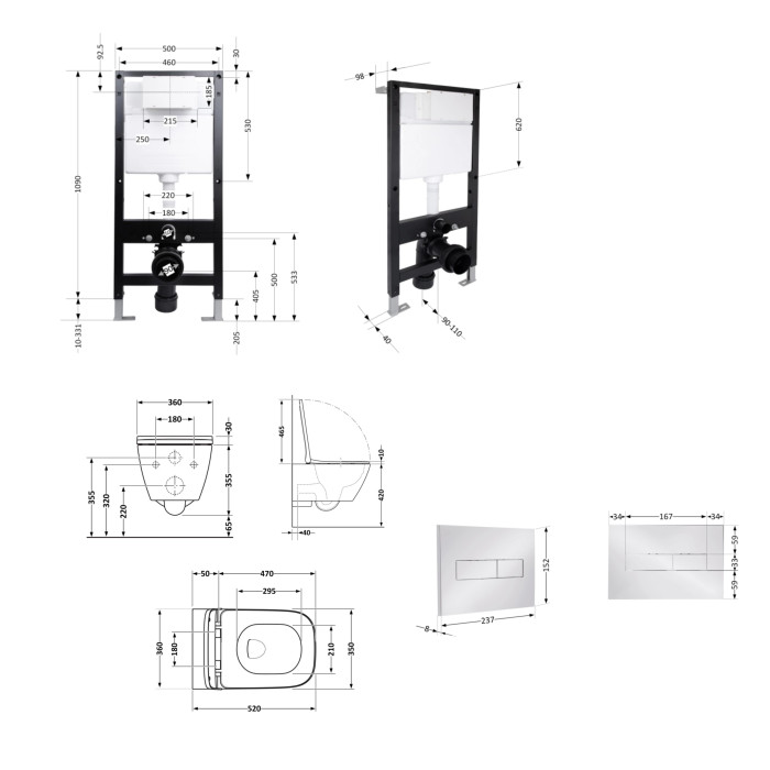 Готове рішення Qtap для ванної кімнати: підвісний унітаз Crow Rimless 520x360x290 + комплект інсталяції Standard (лінійна клавіша Chrome)