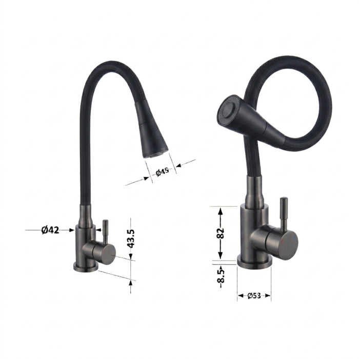 Змішувач для кухні Lidz Aria 015F31 (k35) з гнучким виливом LDARI015F31BGRP49566 Graphite/Black