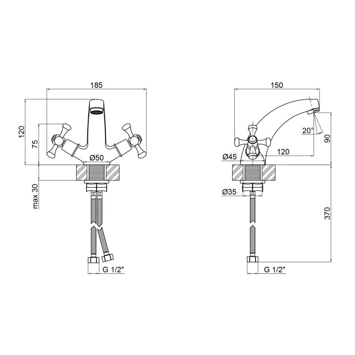Змішувач для раковини Lidz Lamb 161F двохвентильний LDLAM161FCRM35446 Chrome