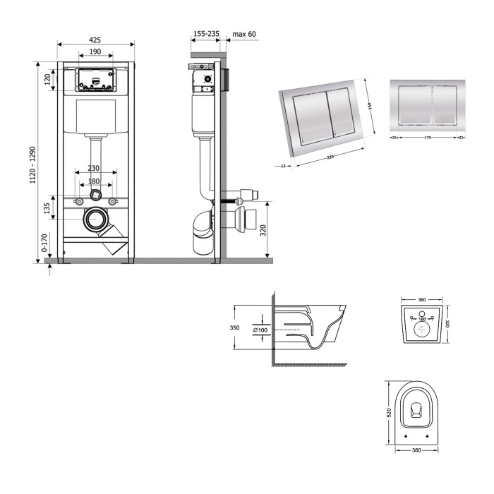 Готове рішення Qtap для ванної кімнати: підвісний унітаз Swan Ultra Quiet 520x360x320 + комплект інсталяції Nest 4 в 1 (квадратна клавіша Chrome)