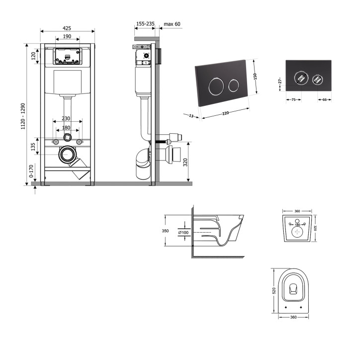 Готове рішення Qtap для ванної кімнати: підвісний унітаз Swan Ultra Quiet 520x360x320 + комплект інсталяції Nest 4 в 1 (кругла клавіша Matt Black)