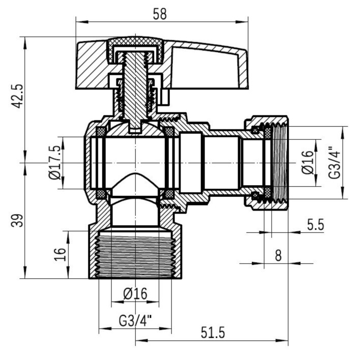 Кран кульовий Thermo Alliance Standart 3/4"ВВ кутовий, PN40, з накидною гайкою TAS223W20