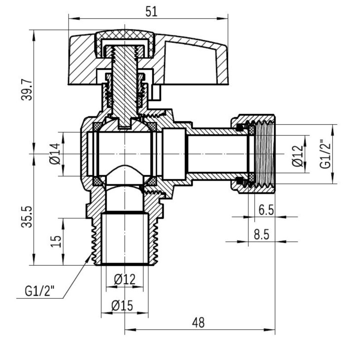 Кран кульовий Thermo Alliance Standart 1/2"ВЗ кутовий, PN40, з накидною гайкою TAS224W15