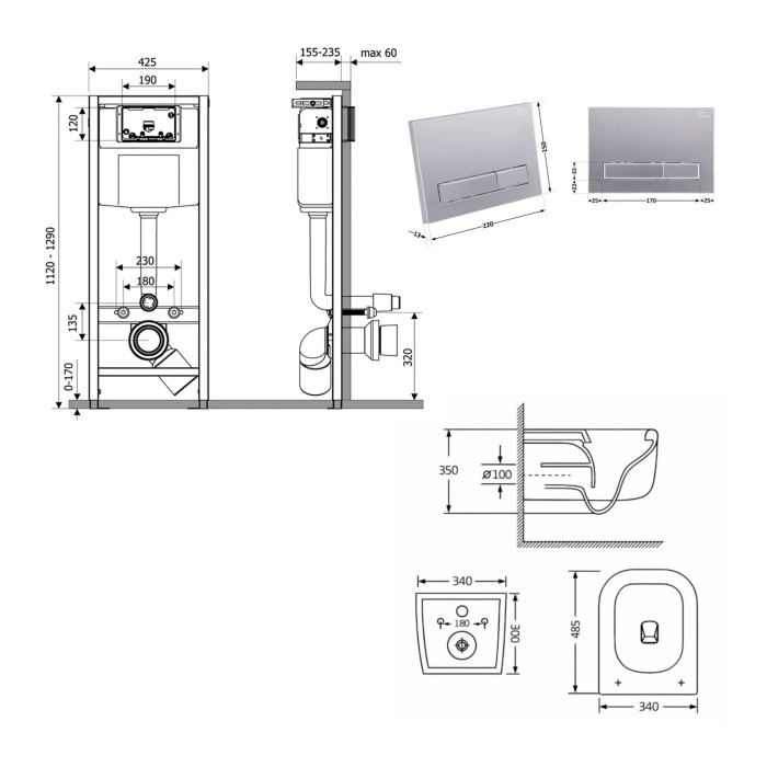 Готове рішення Qtap для ванної кімнати: підвісний унітаз Gemini Ultra Quiet 485×340×350 + комплект інсталяції Nest 4 в 1 (лінійна клавіша Satin)