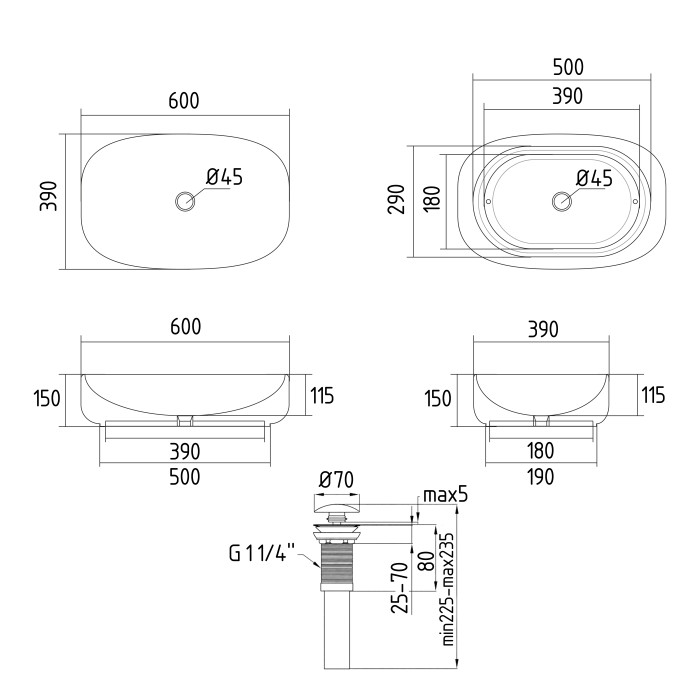 Раковина накладна Qtap Robin 600x390x150 мм, Stone grey, прямокутна, з донним клапаном QTROB188SG49786
